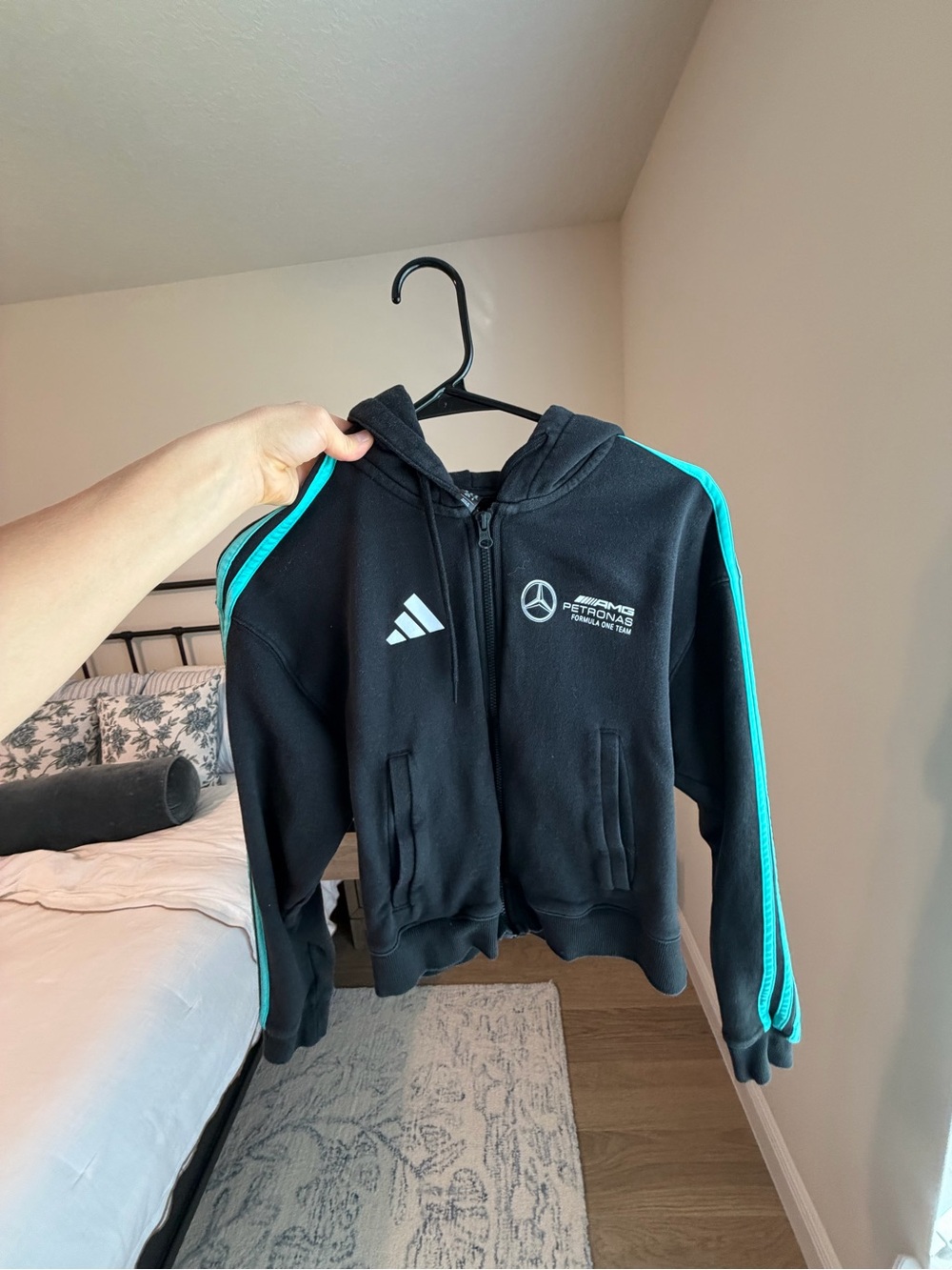 adidas Women's Black Hooded Jacket with Teal Stripe